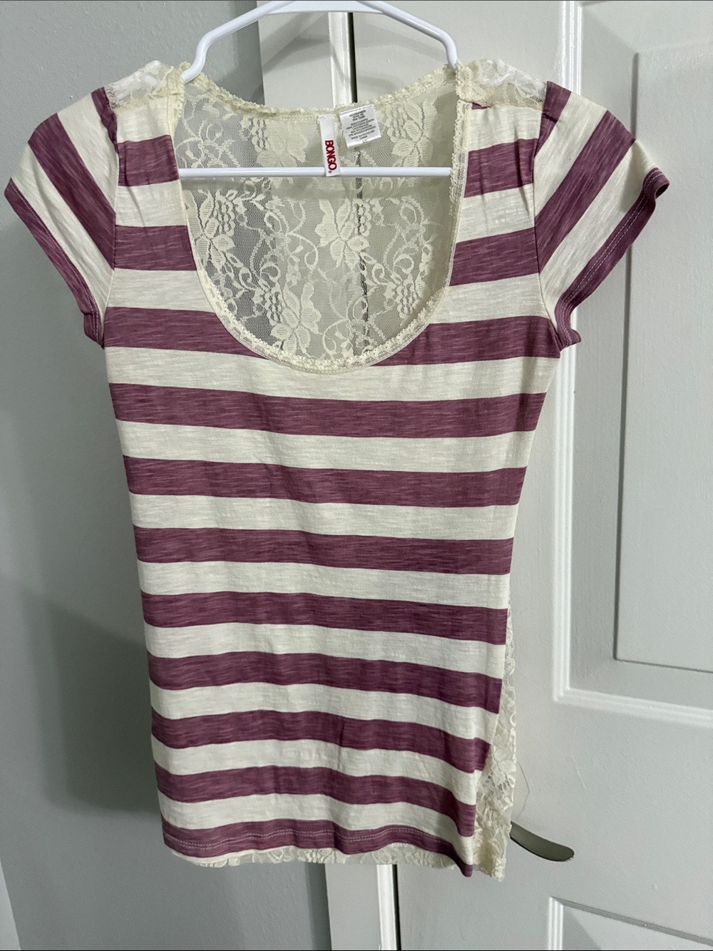BONGO Purple and Cream Striped Scoop Neck Tee with Lace Back